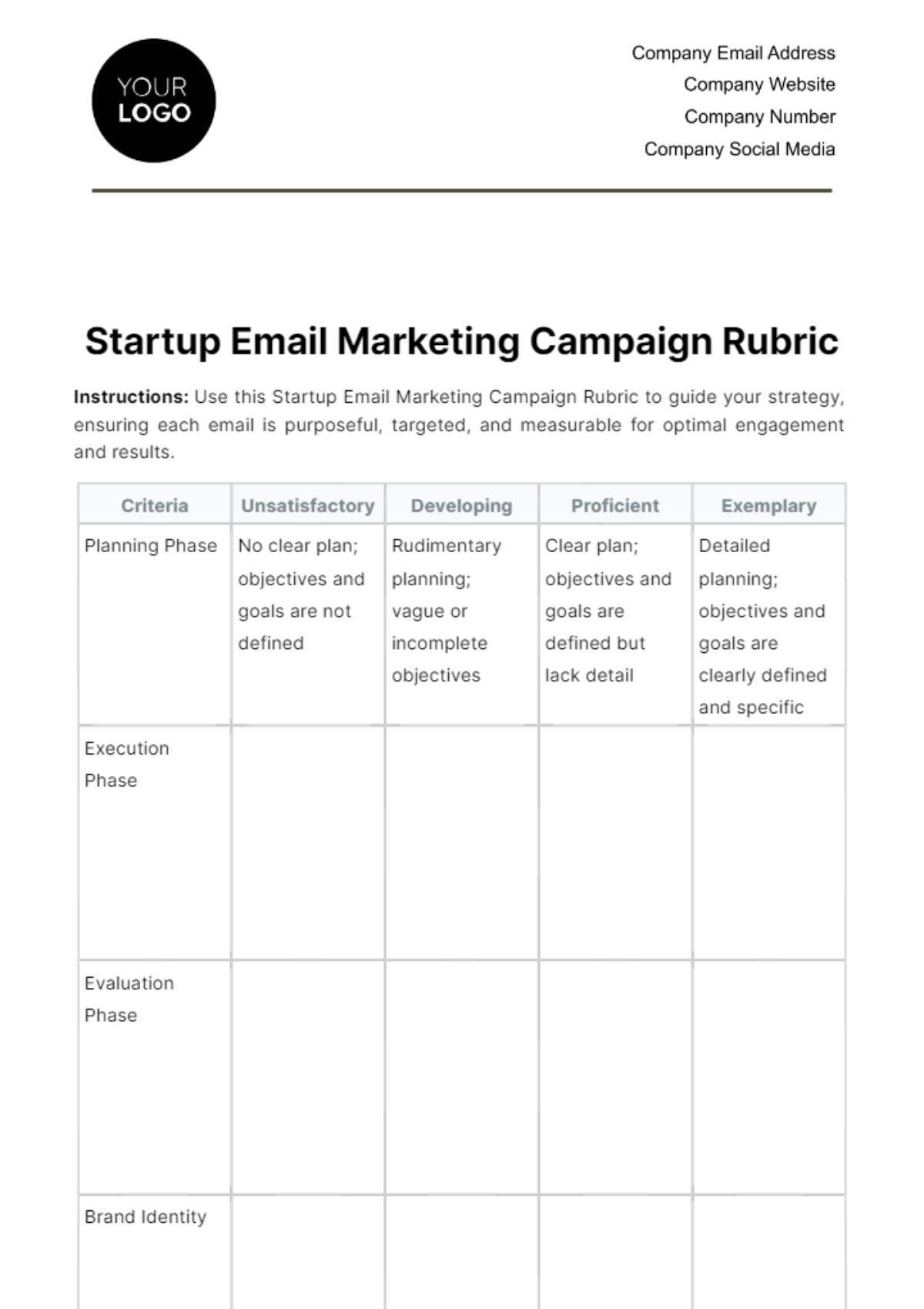 Startup Email Marketing Campaign Rubric Template