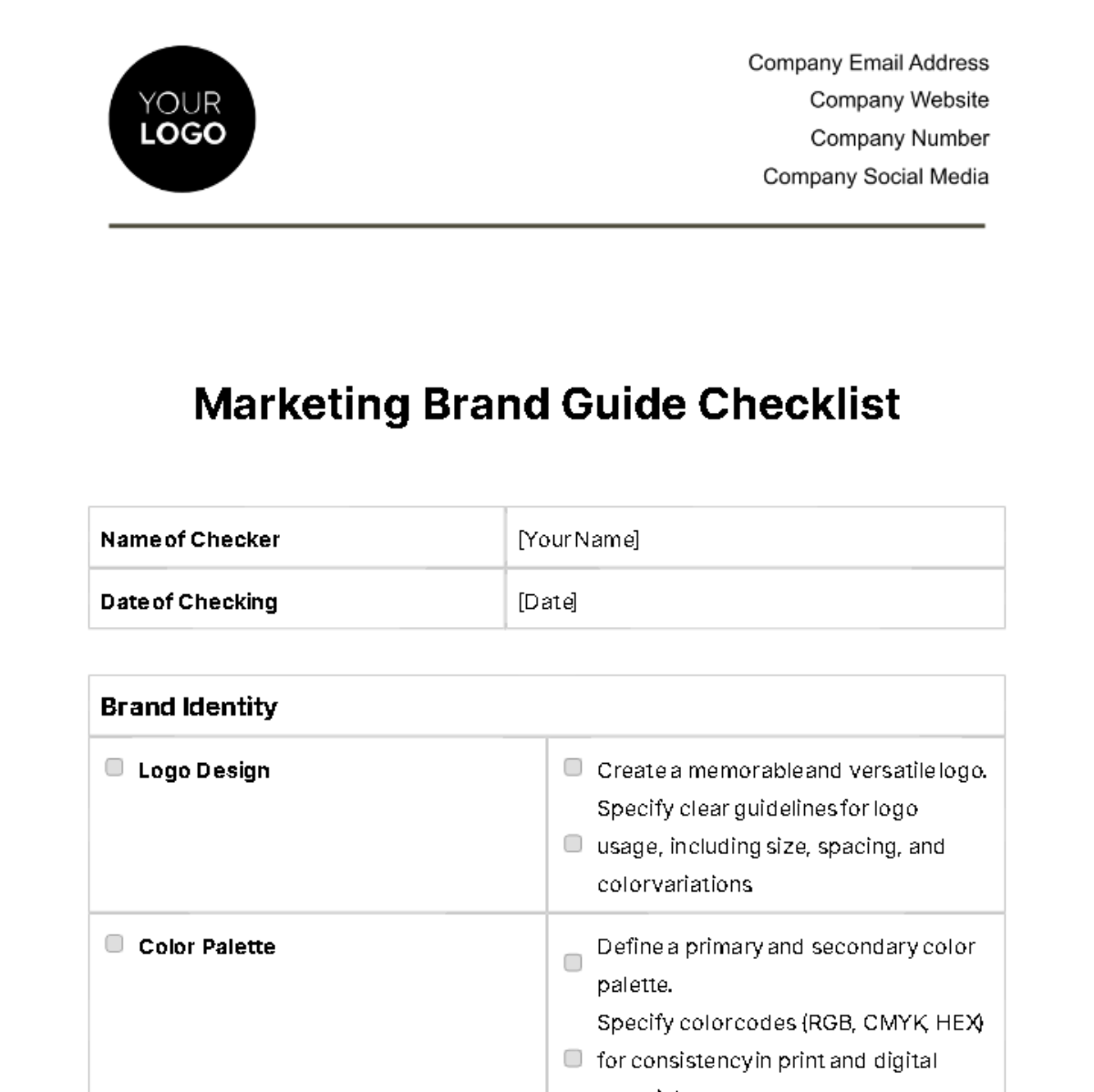 Marketing Brand Guide Checklist Template