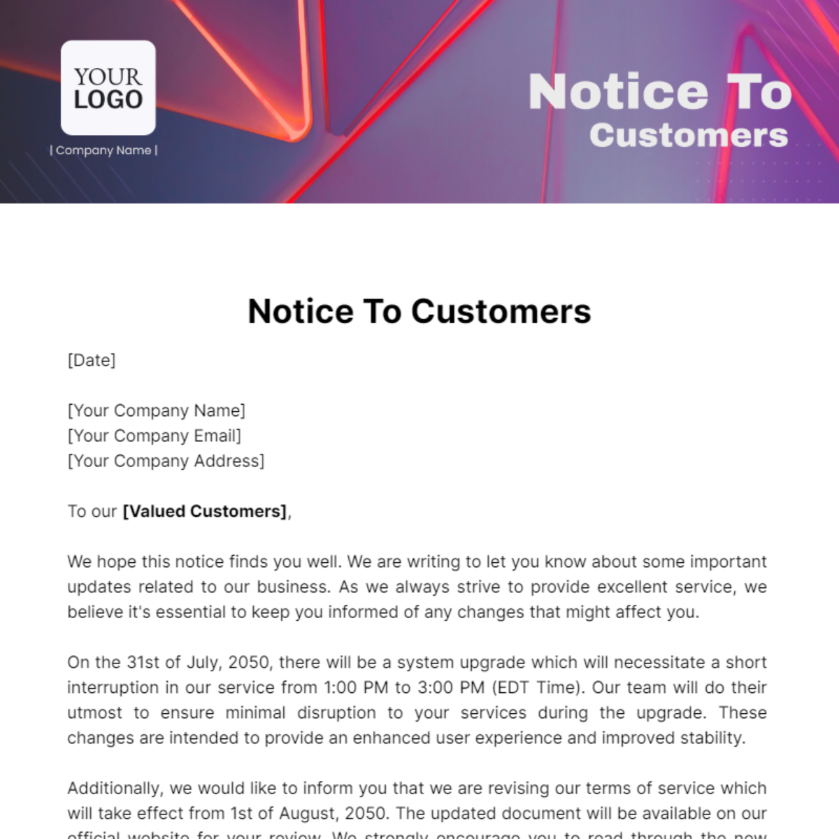 Free Notice To Customers Template