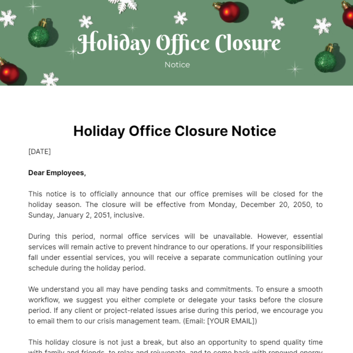 Holiday Office Closure Notice Template Template