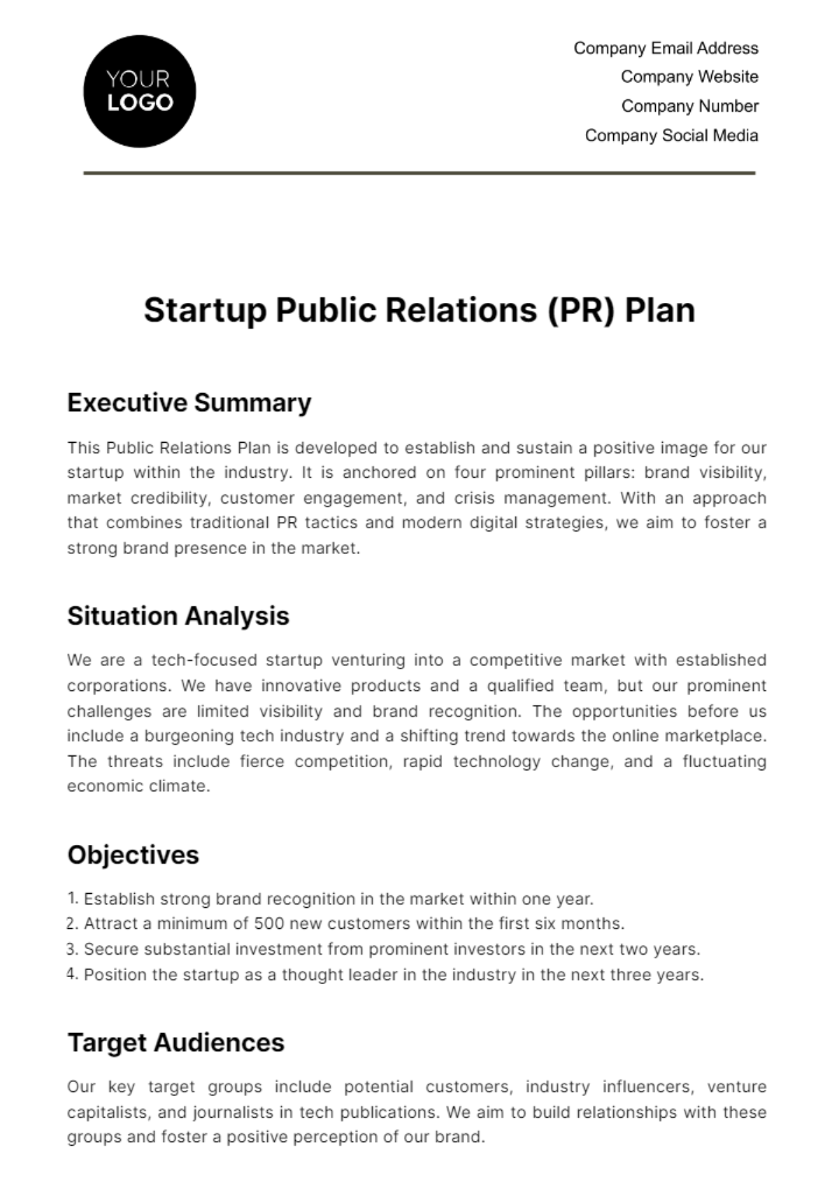 Free Startup Public Relations (PR) Plan Template