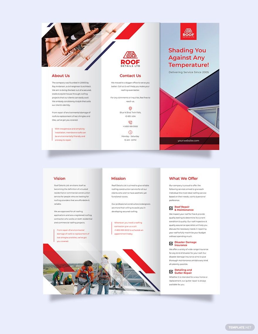 Roofing Construction Tri-Fold Brochure Template in Word, Google Docs, PSD, Apple Pages, Publisher