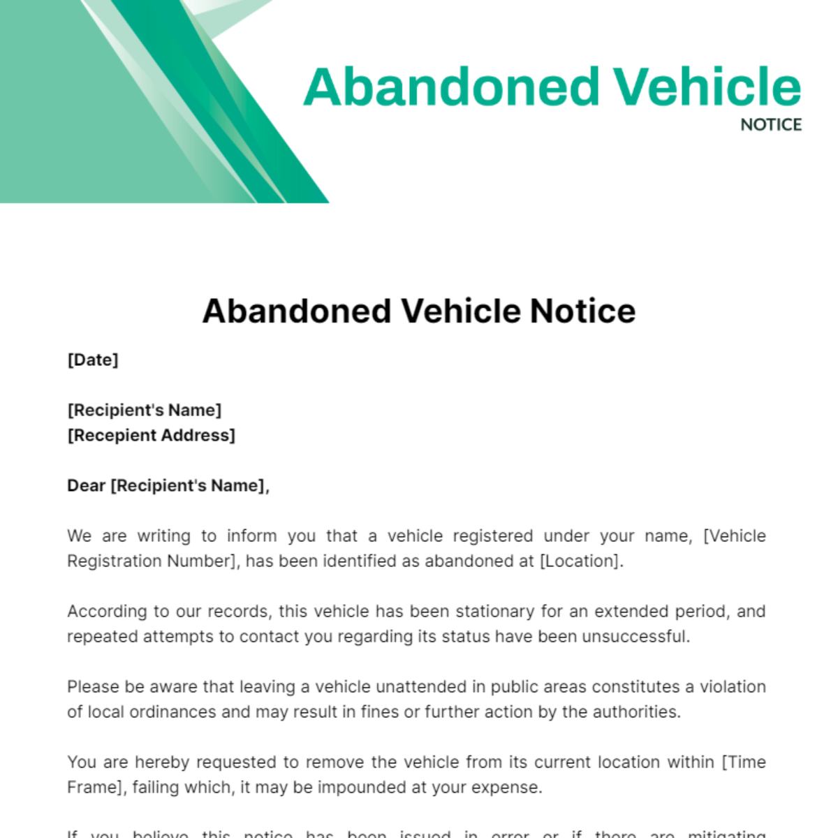 Abandoned Vehicle Notice Template - Edit Online & Download