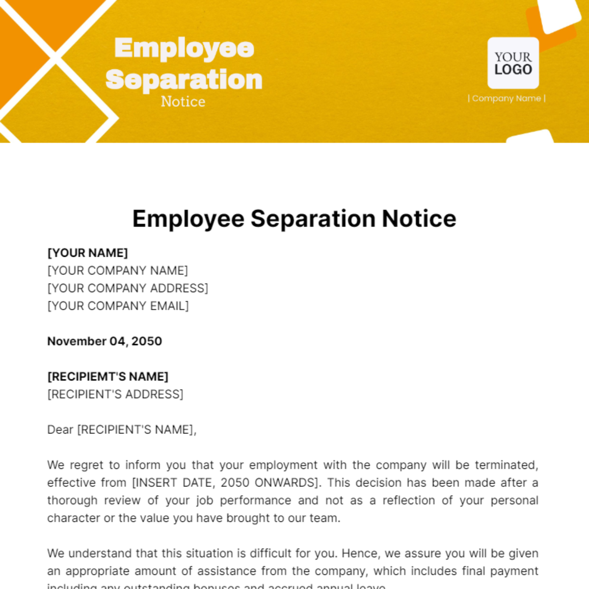 Employee Separation Notice Template - Edit Online & Download