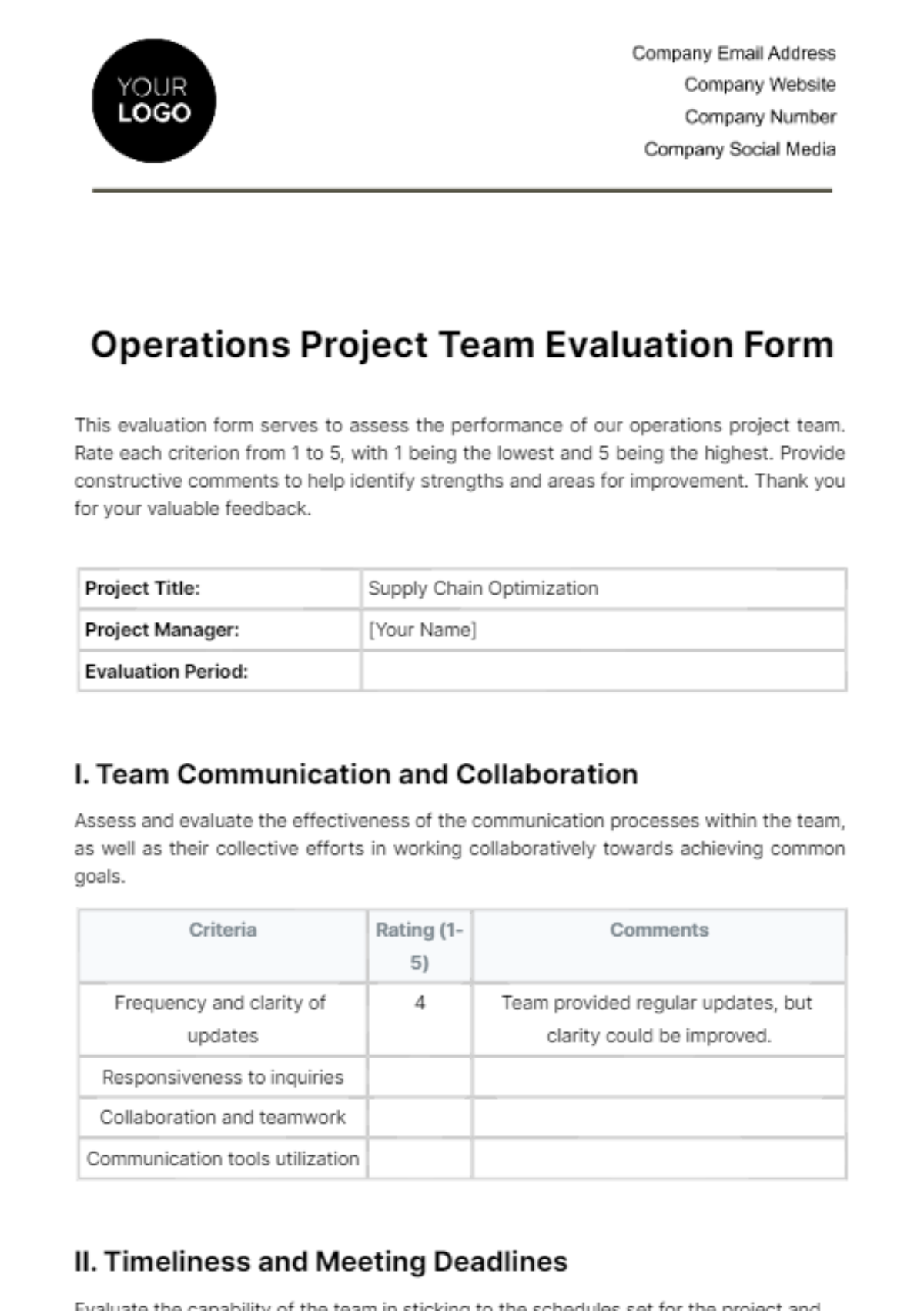 Free Operations Project Team Evaluation Form Template