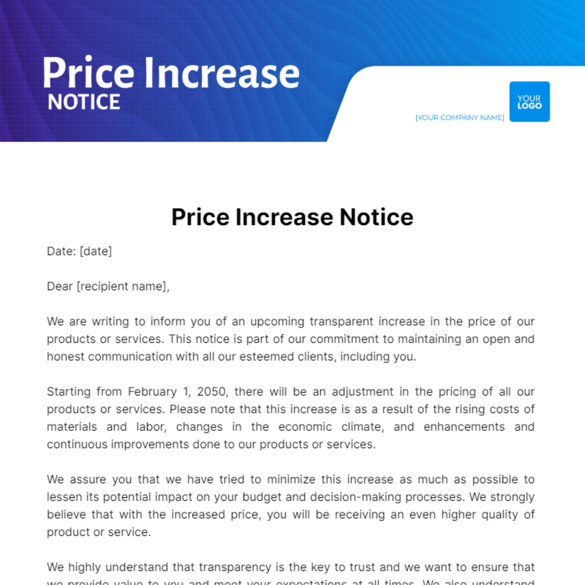 Price Increase Notice Template