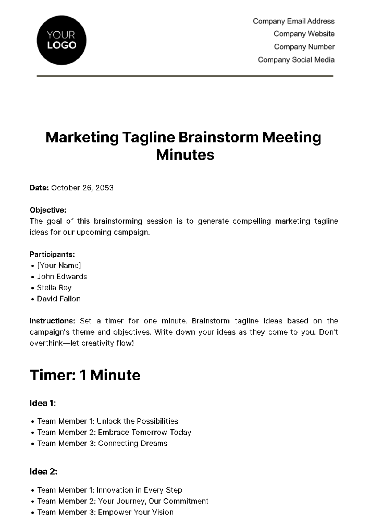 Marketing Tagline Brainstorm Minute Template