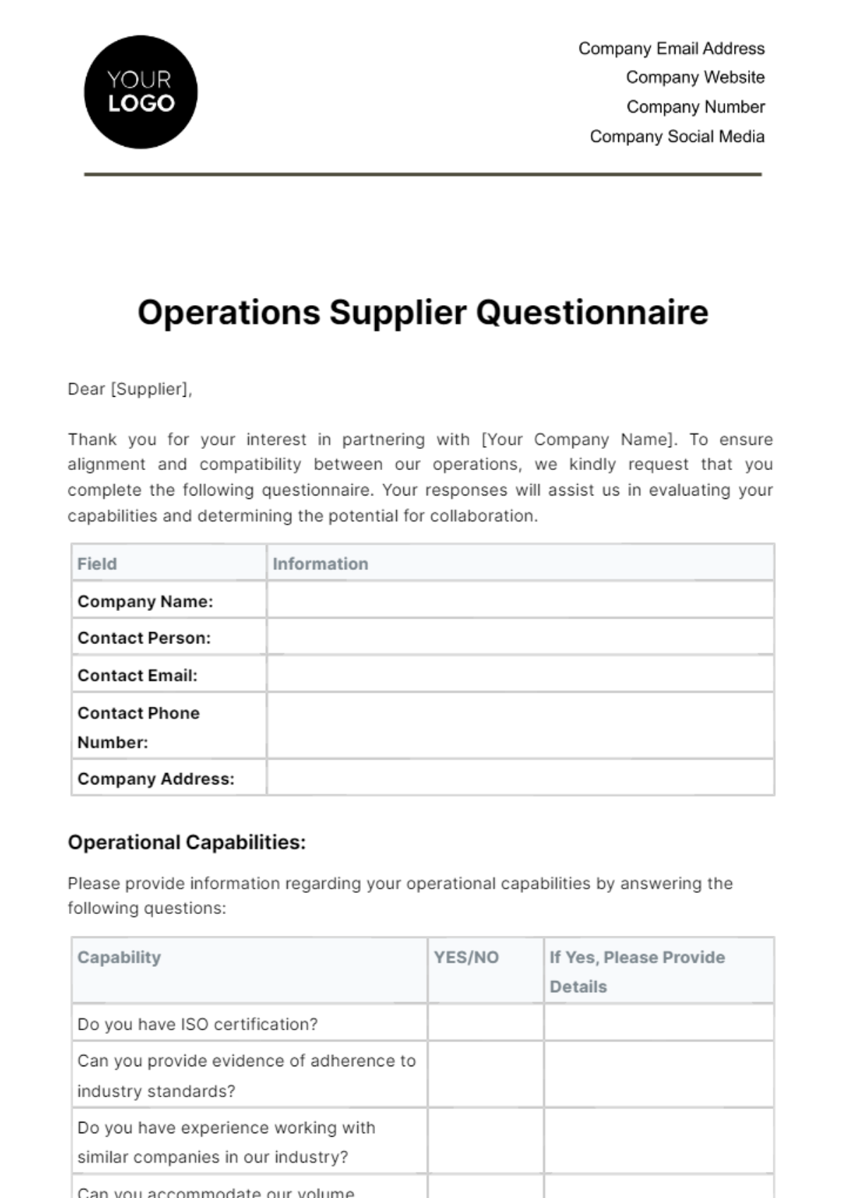 Free Operations Supplier Questionnaire Template