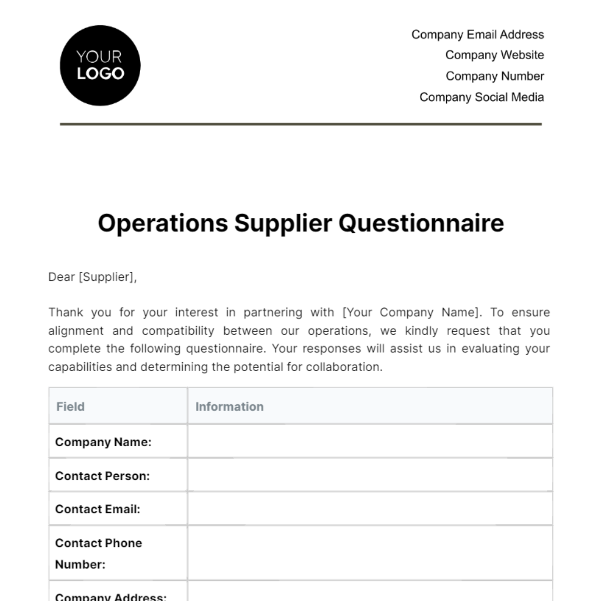 Operations Supplier Questionnaire Template - Edit Online & Download