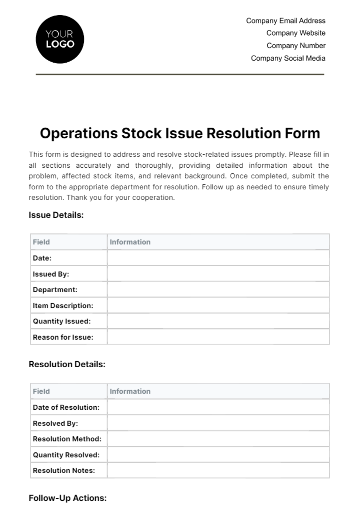 Free Operations Stock Issue Resolution Form Template