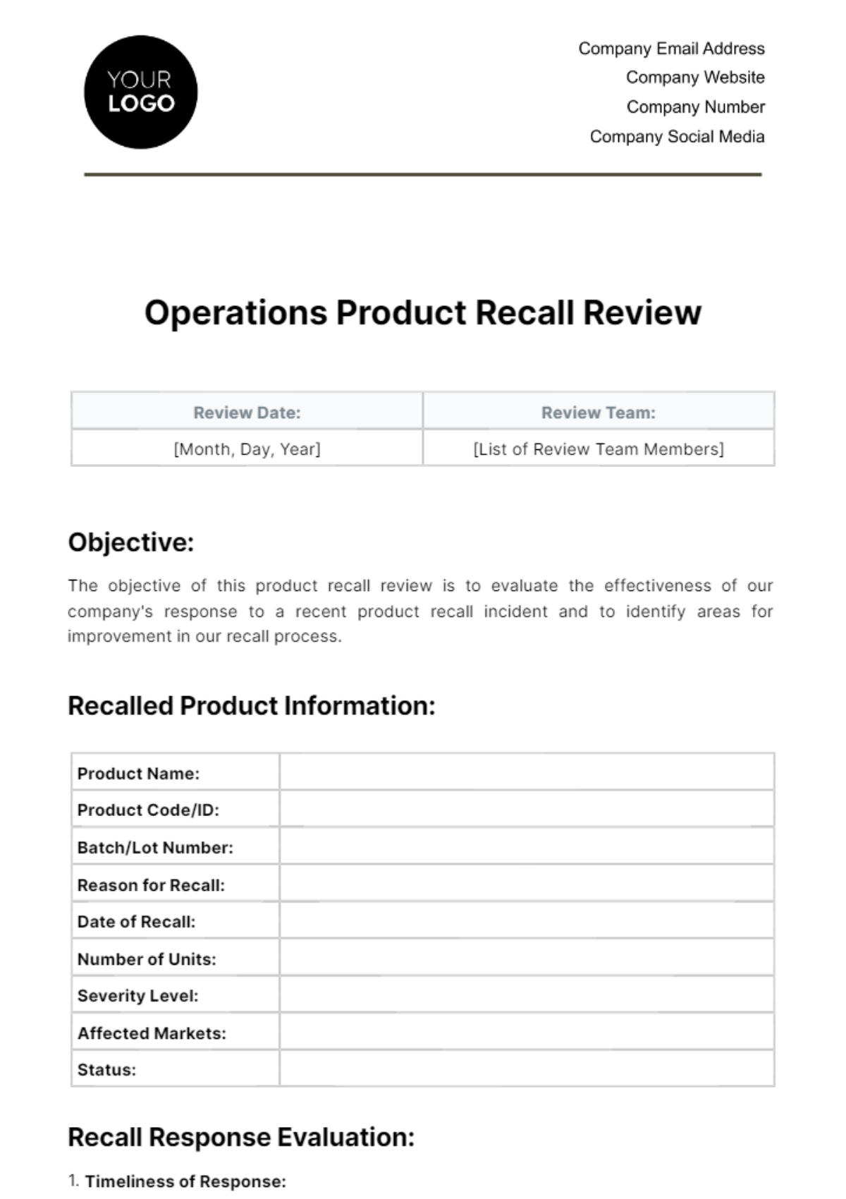 Free Operations Product Recall Review Template