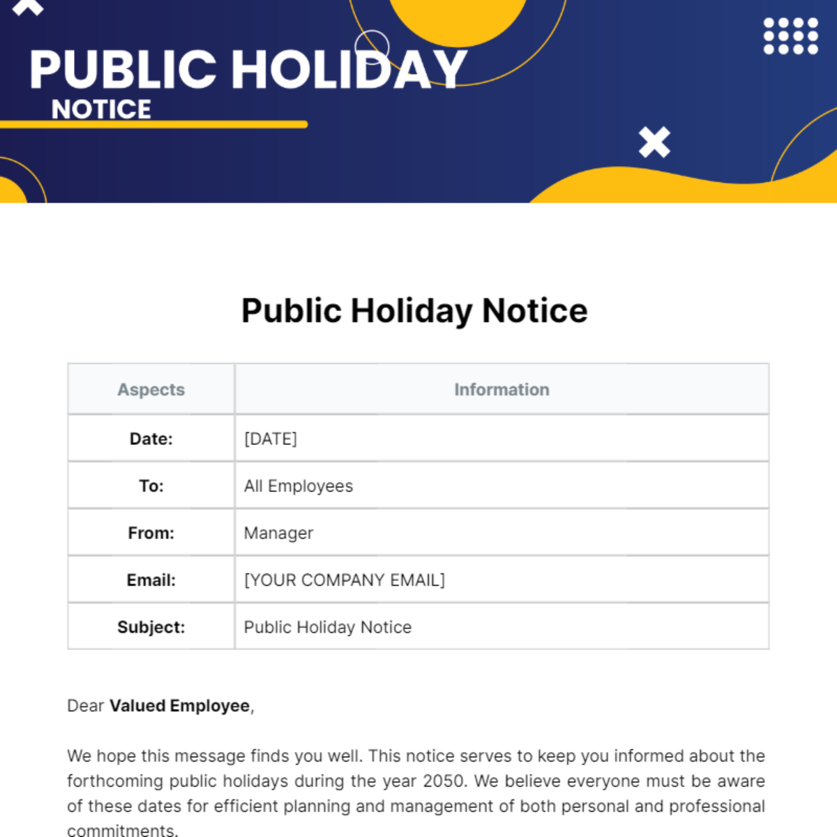 Free Public Holiday Notice Template to Edit Online