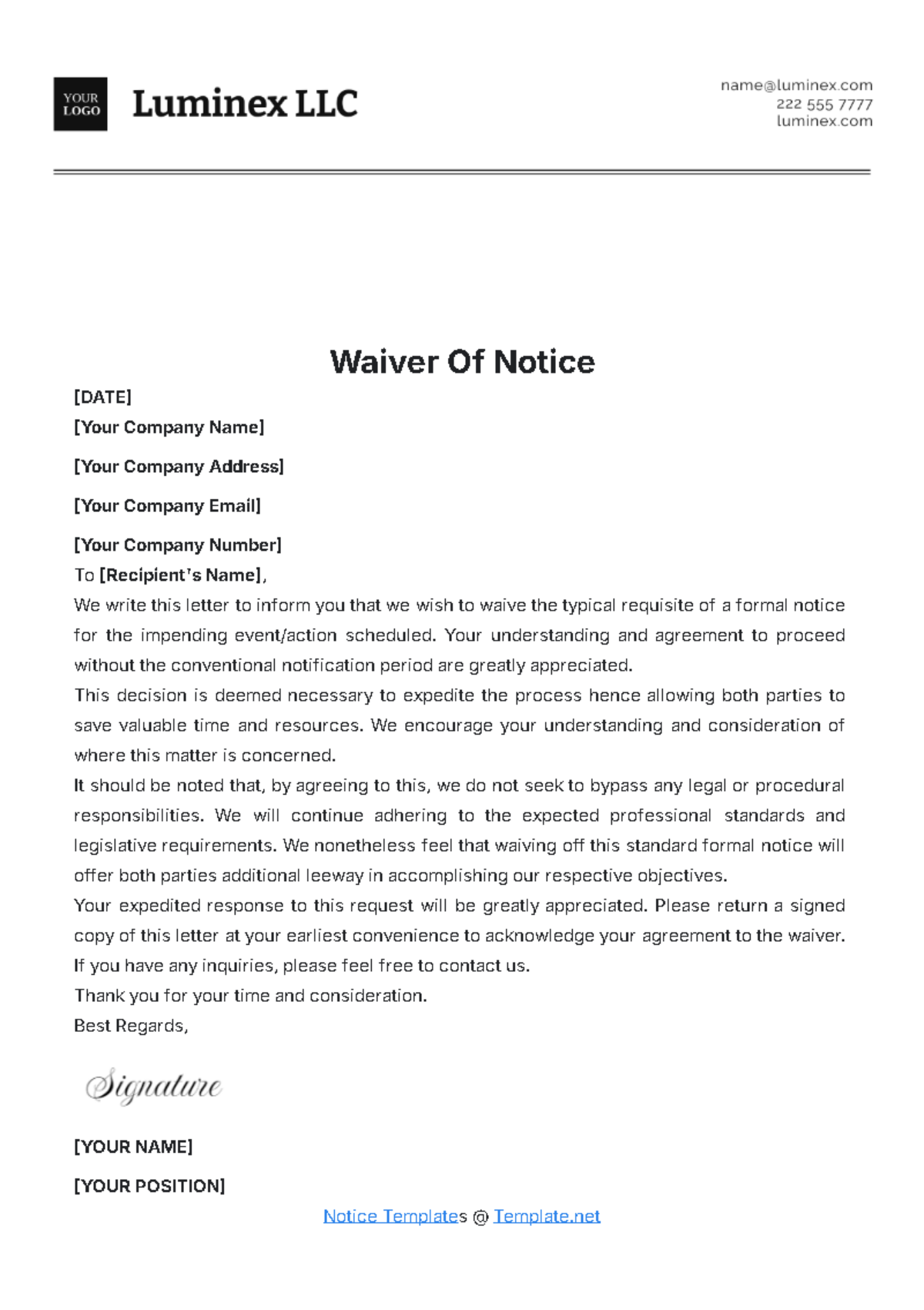 Simple Waiver of Notice Template - Edit Online & Download