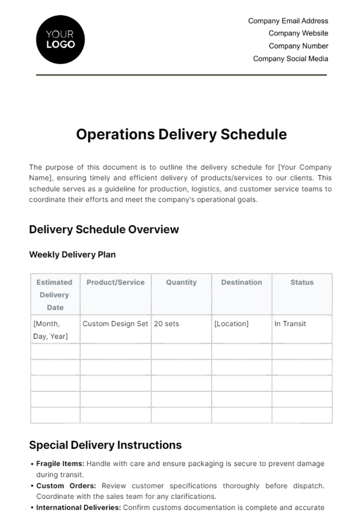 Free Operations Delivery Schedule Template
