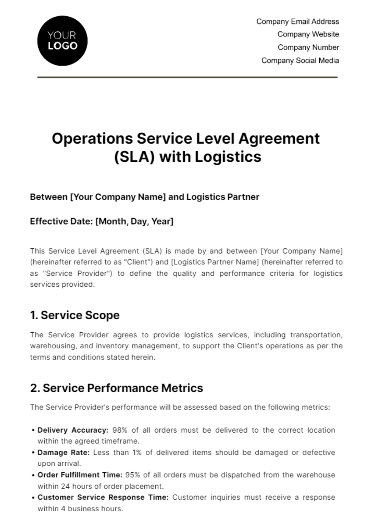 Free Operations Service Level Agreement (SLA) with Logistics Template