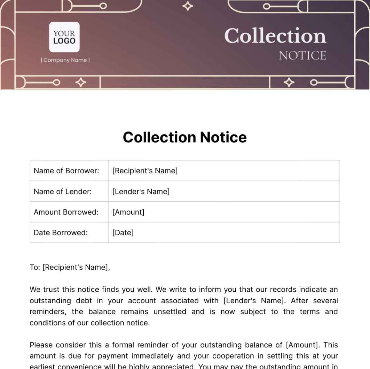 Collection Notice Template