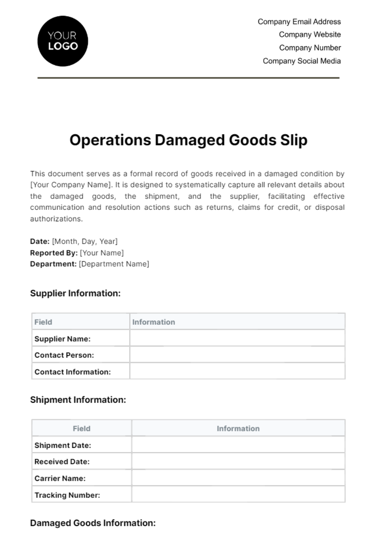 Free Operations Damaged Goods Slip Template