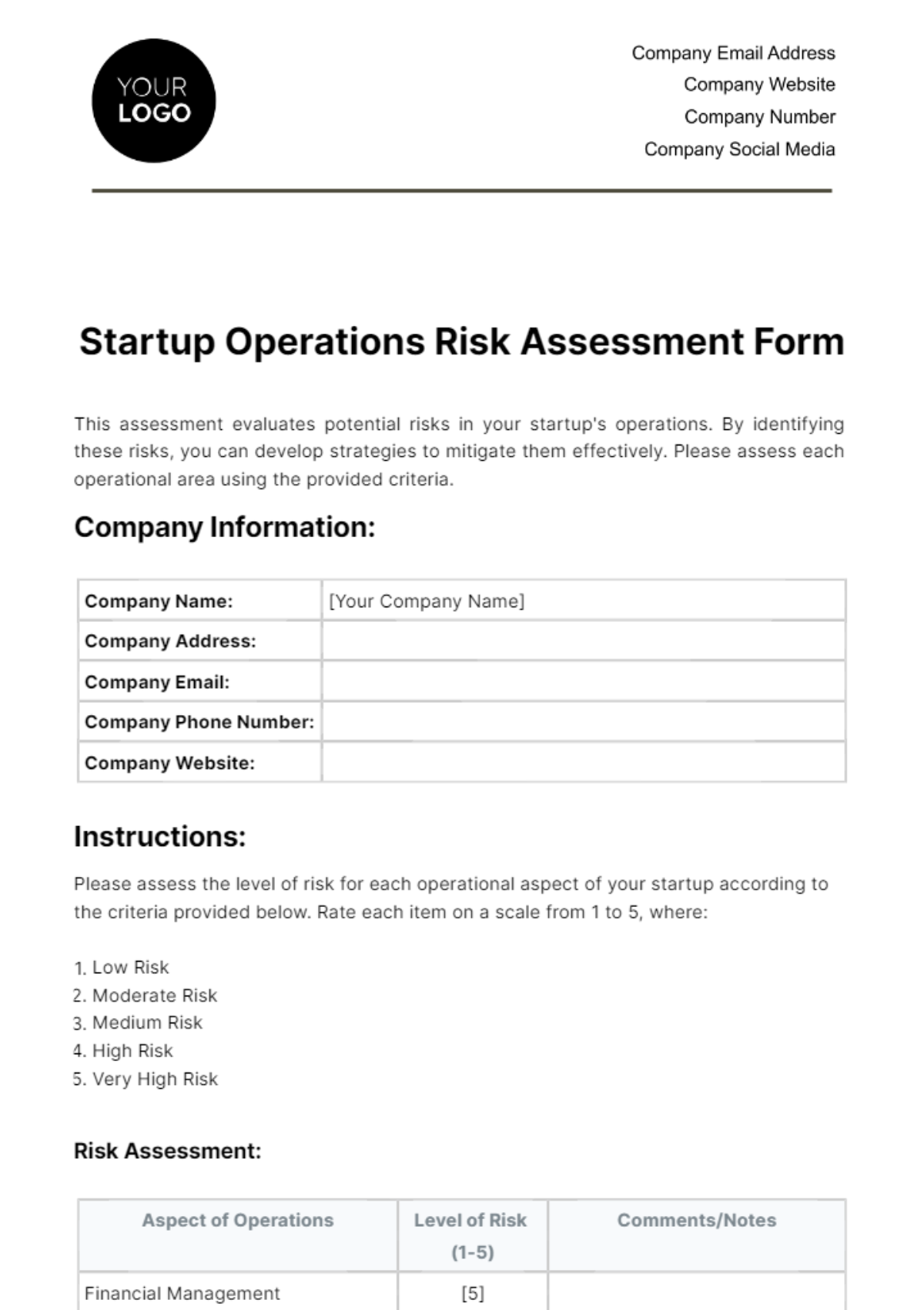 Startup Operations Risk Assessment Form Template