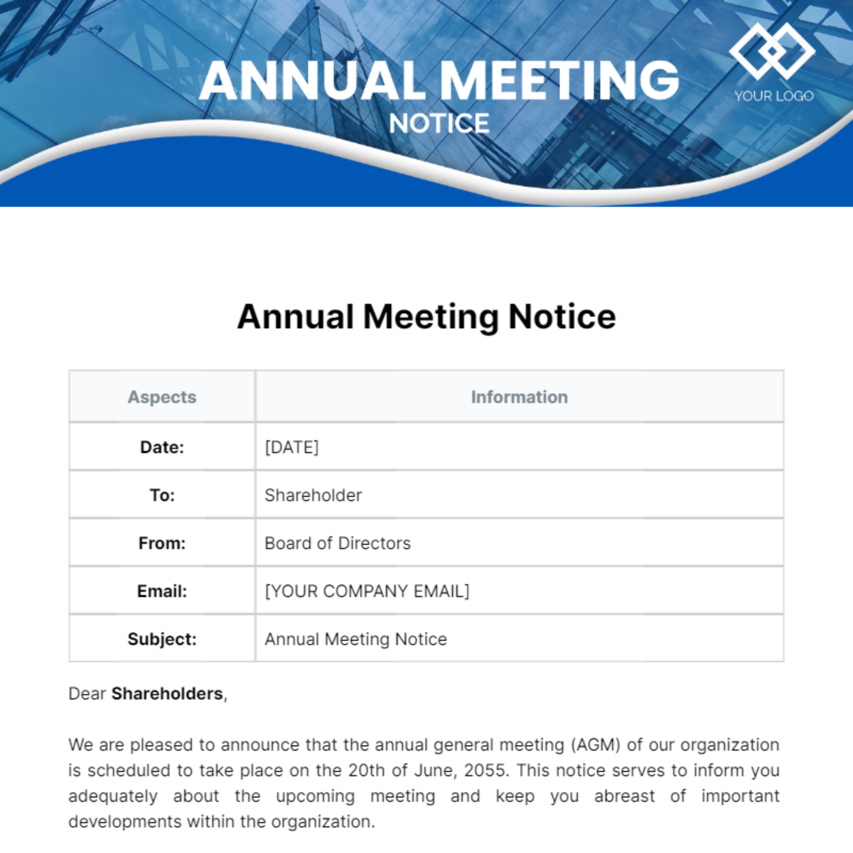 Annual Meeting Notice Template - Edit Online & Download