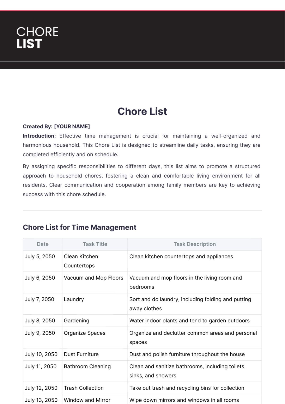 Chore List Outline Template