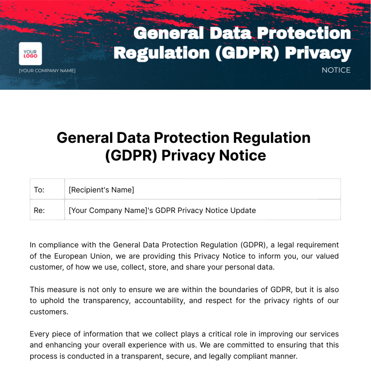General Data Protection Regulation (GDPR) Privacy Notice Template