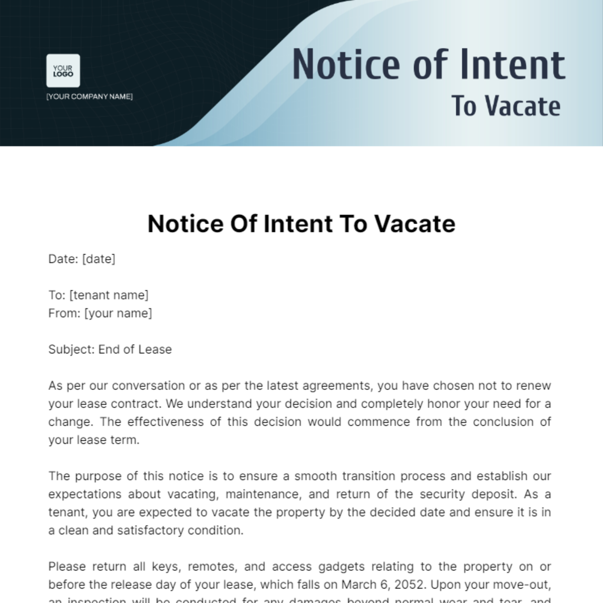 Free Notice Of Intent To Vacate Template