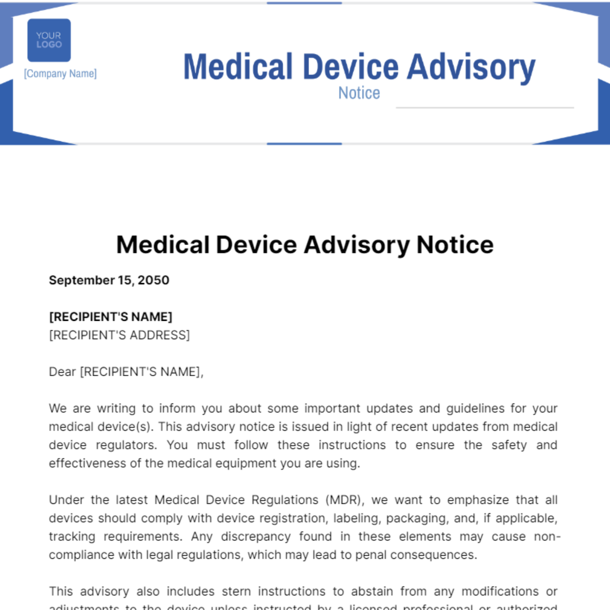 Medical Device Advisory Notice Template - Edit Online & Download