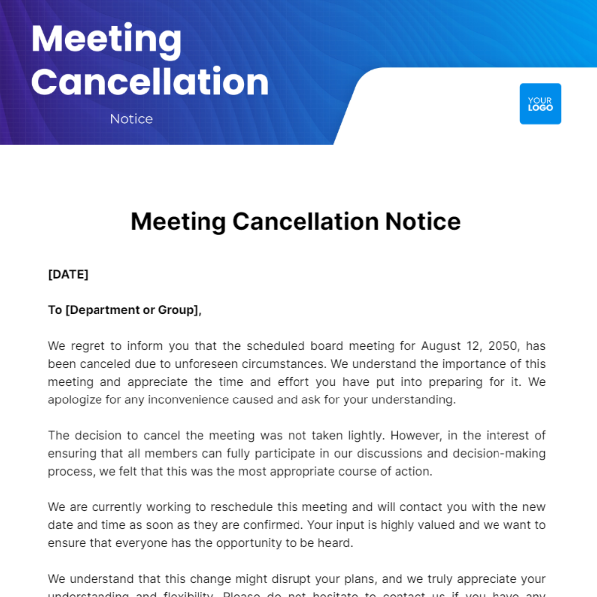 Meeting Cancellation Notice Template - Edit Online & Download