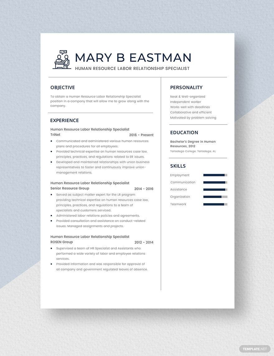 Human Resource Labor Relationship Specialist Resume Template