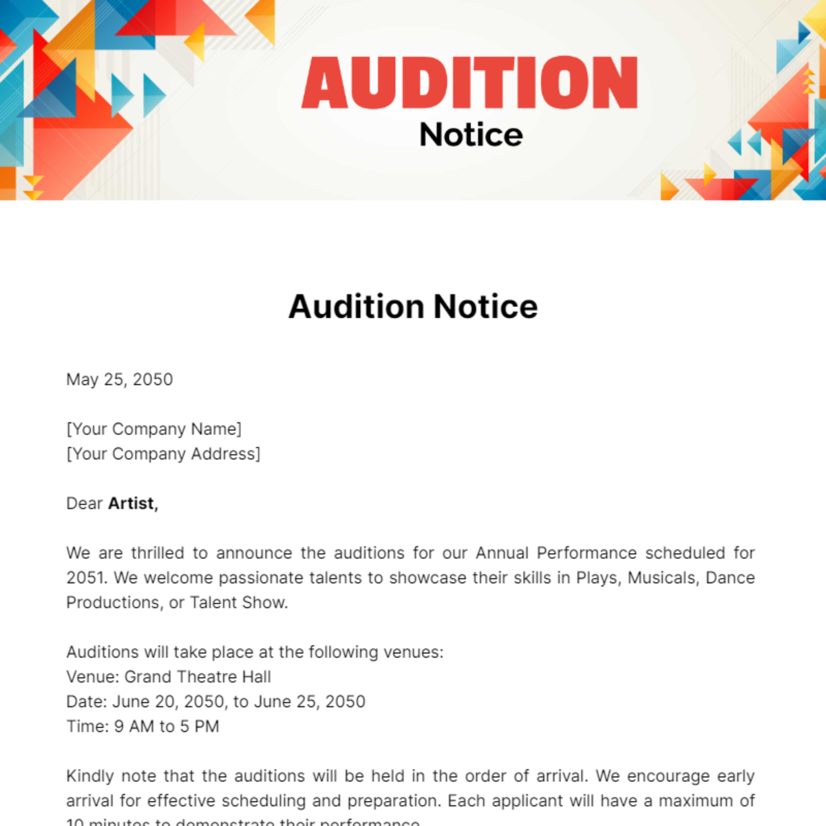 Audition Notice Template - Edit Online & Download