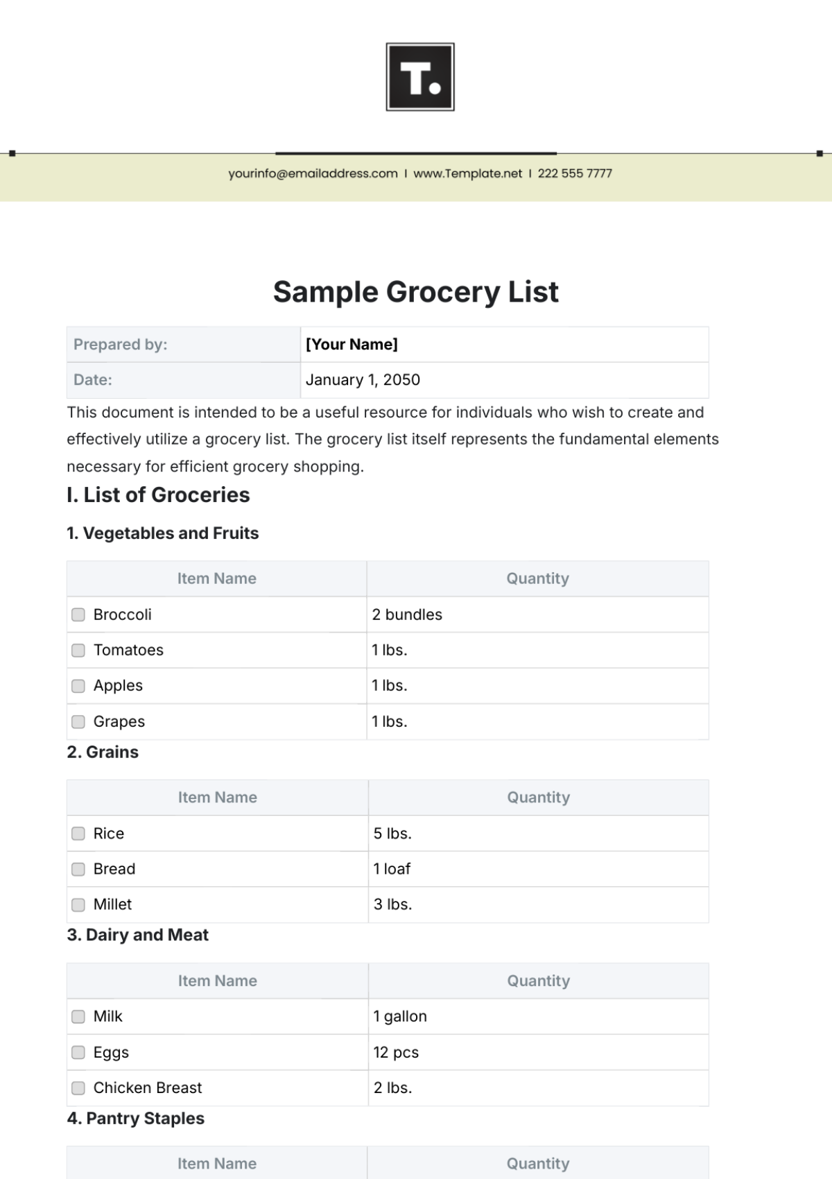 Sample Grocery List Template - Edit Online & Download