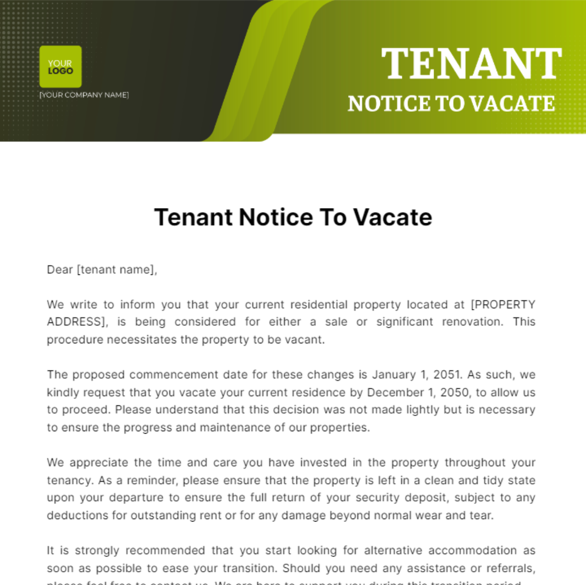 Tenant Notice To Vacate Template