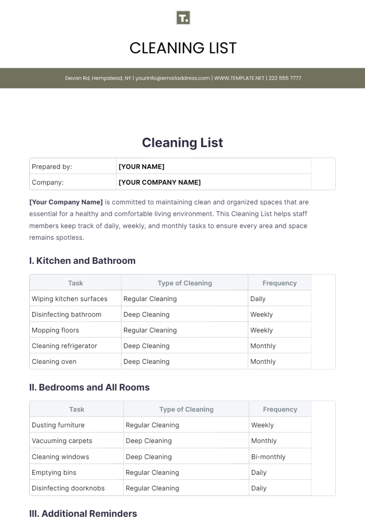 Cleaning list Template