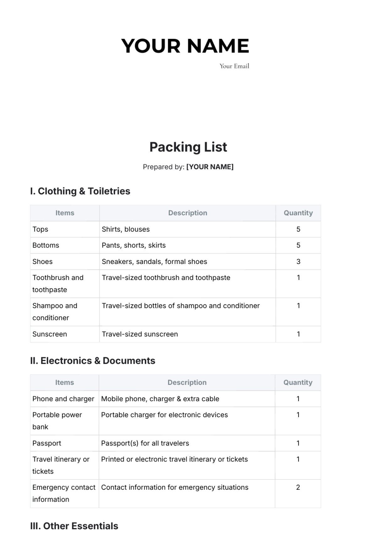 Packing List Layout Template