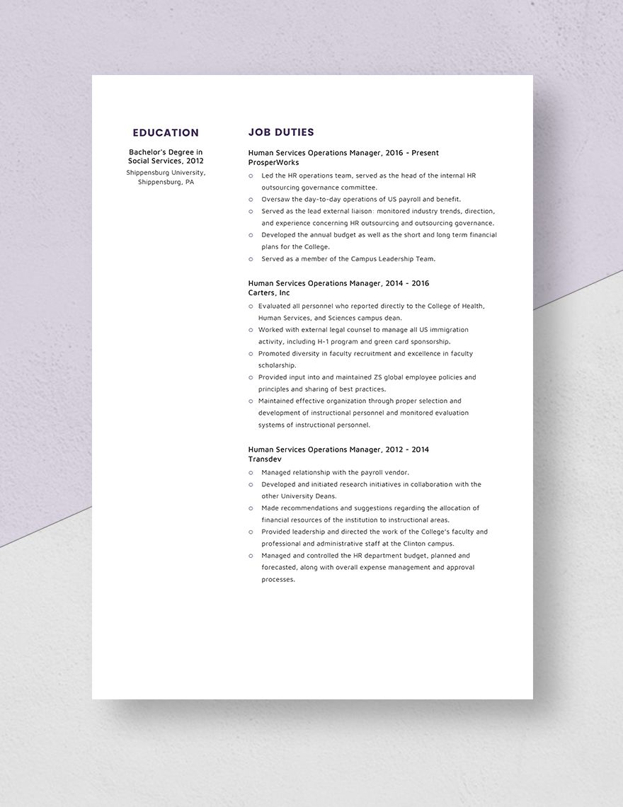 Human Services Operations Manager Resume