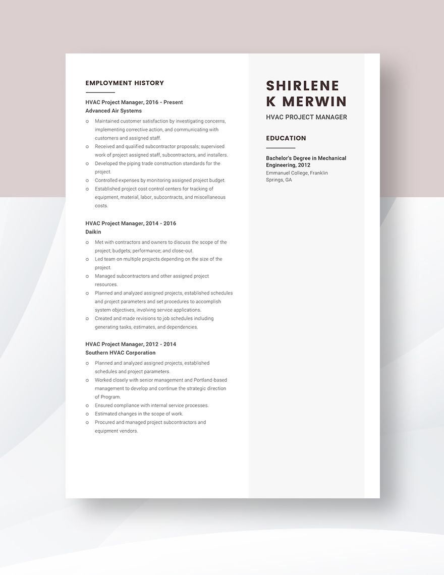 HVAC Project Manager Resume