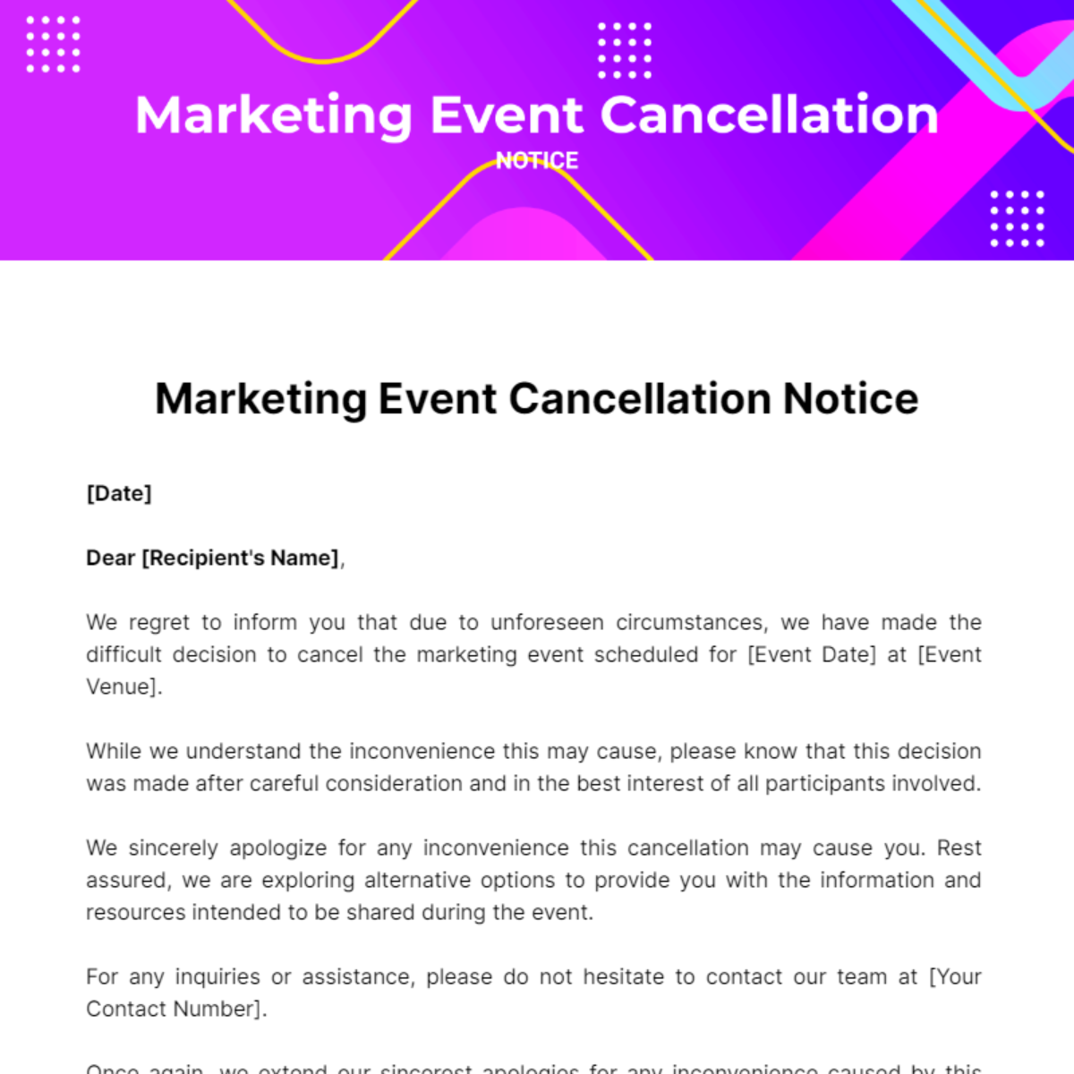 Marketing Event Cancellation Notice Template - Edit Online & Download