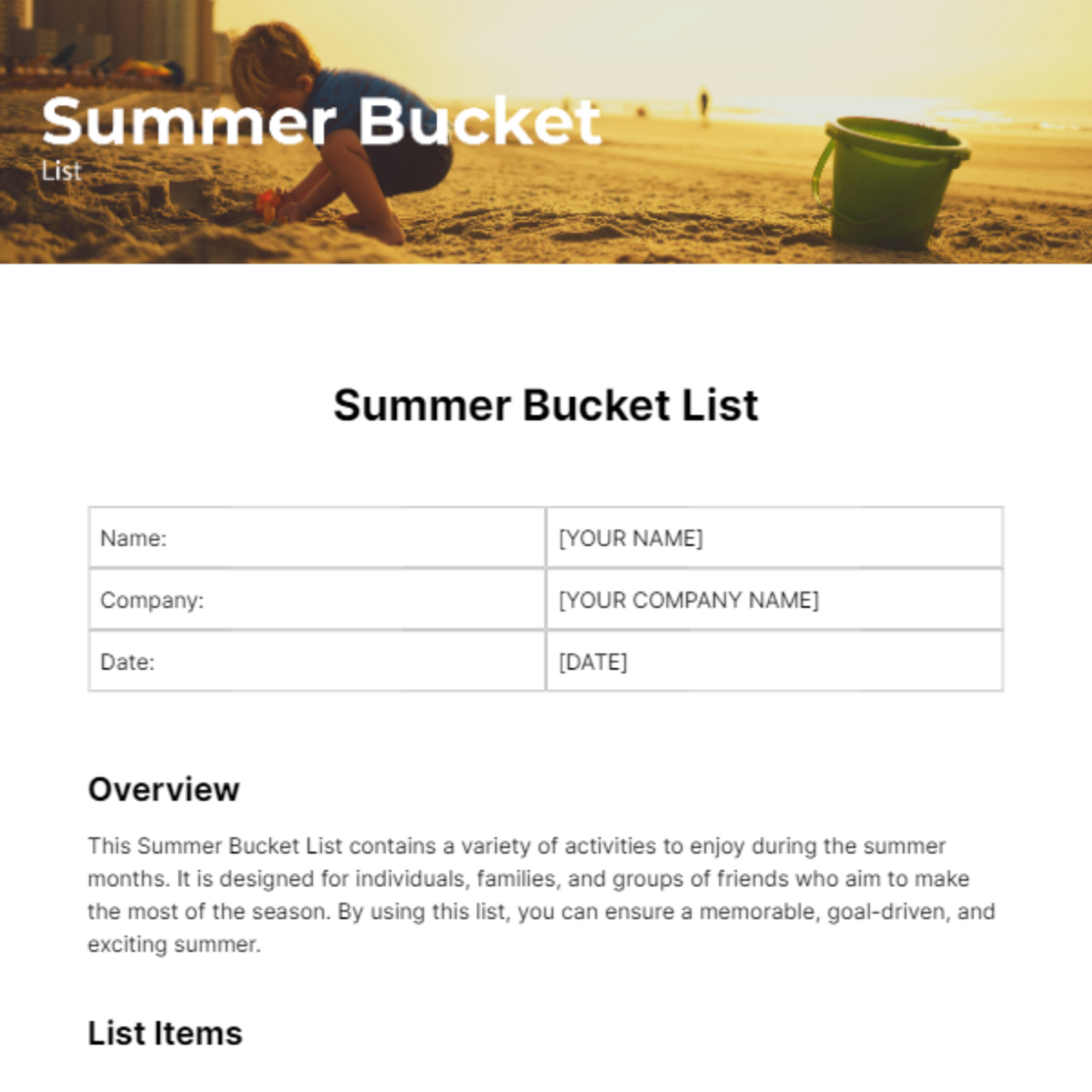 Summer Bucket List Template - Edit Online & Download