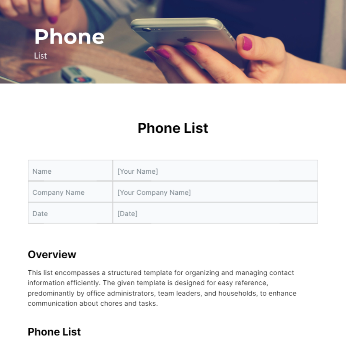 Phone List Template - Edit Online & Download