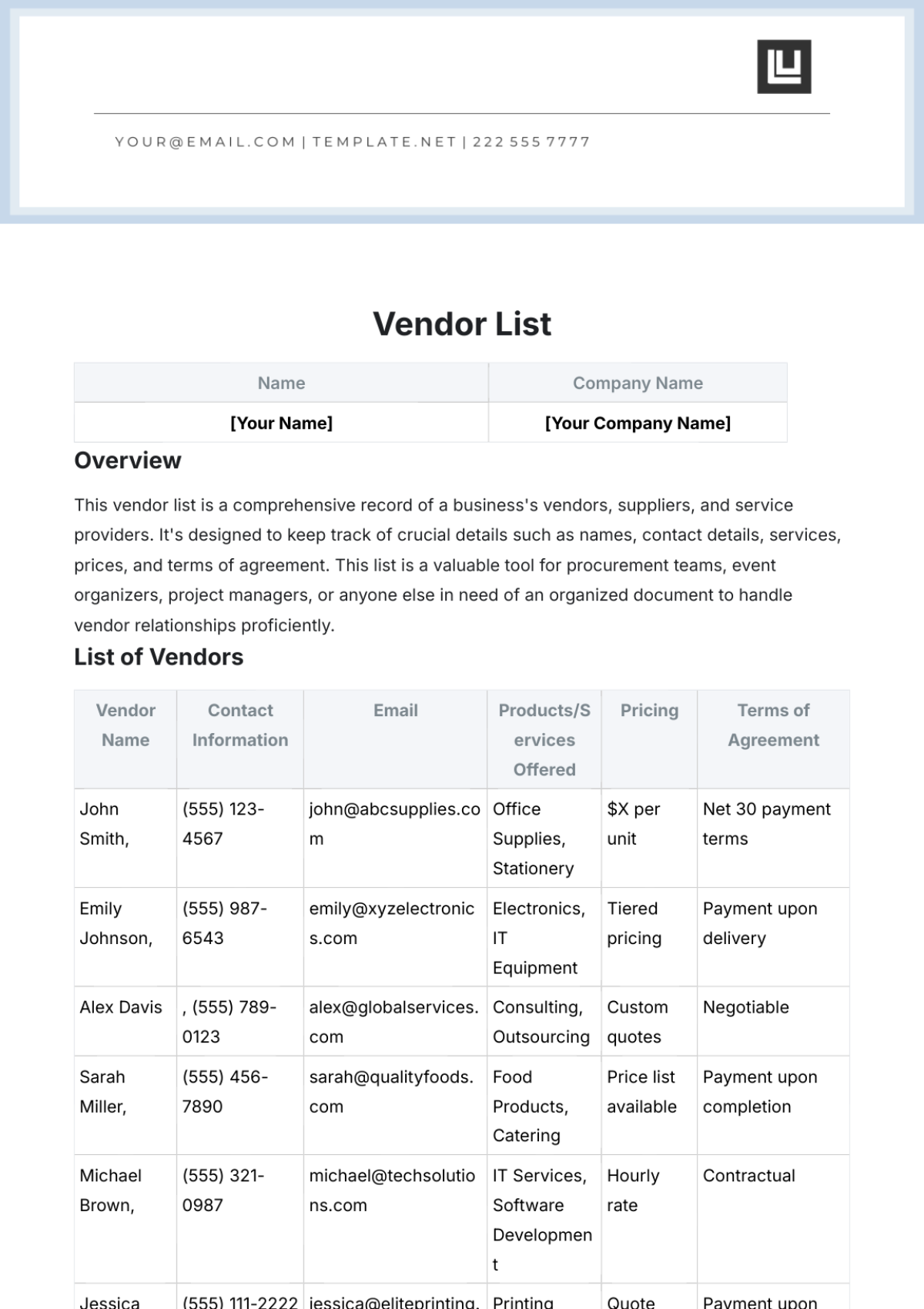 Vendor List Template - Edit Online & Download