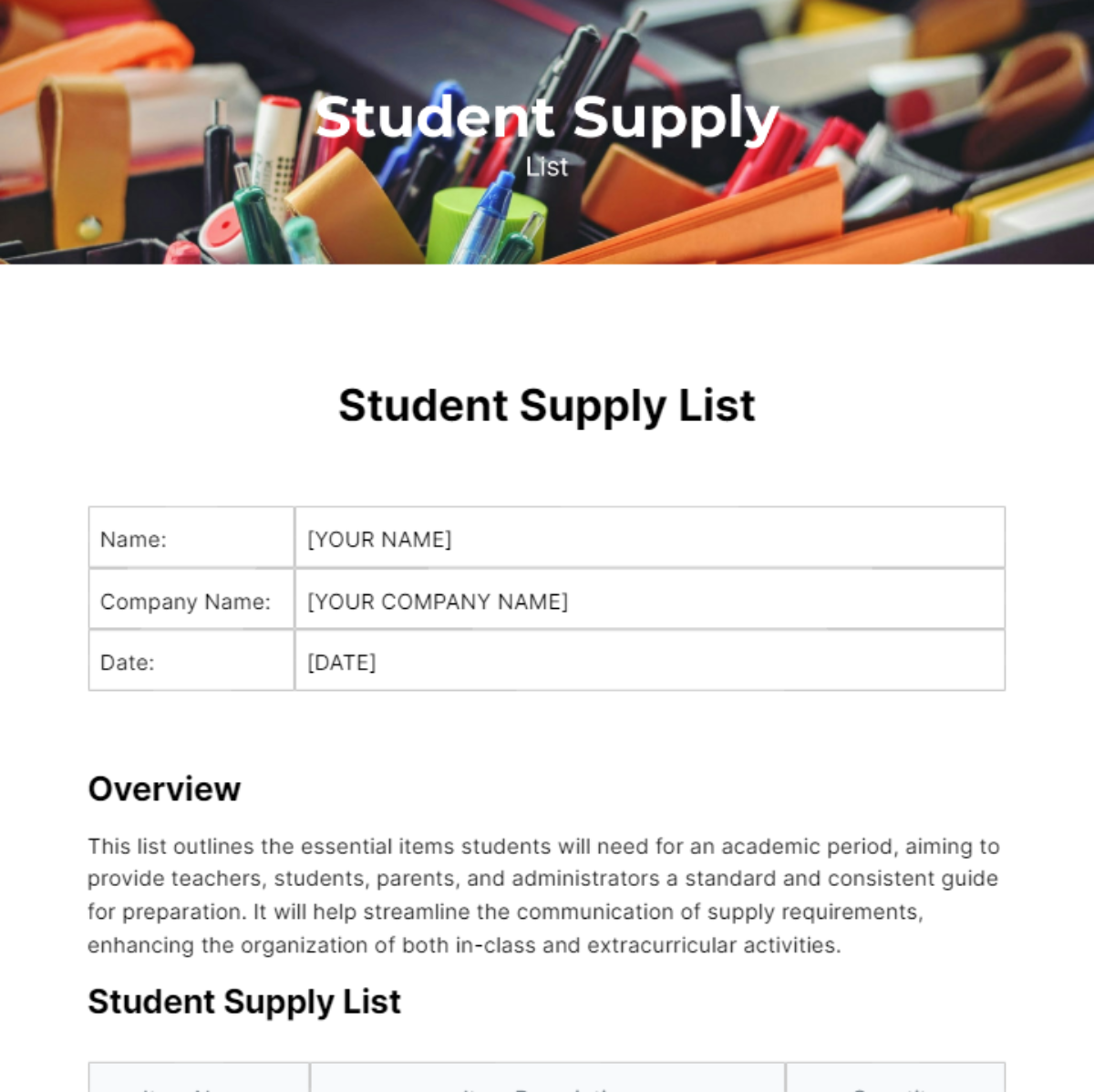 Student supply list template - Edit Online & Download