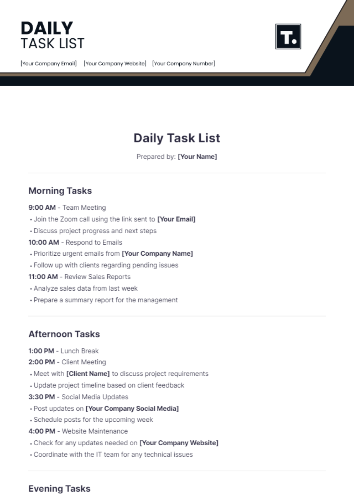 Daily Task List Template - Edit Online & Download