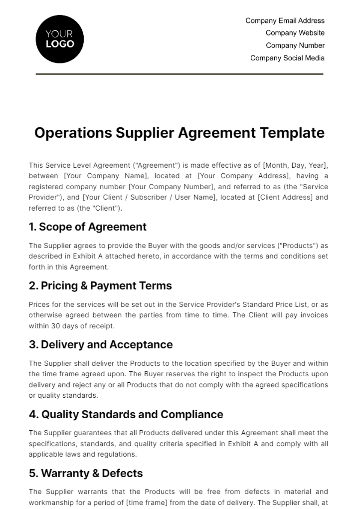Free Operations Supplier Agreement Template