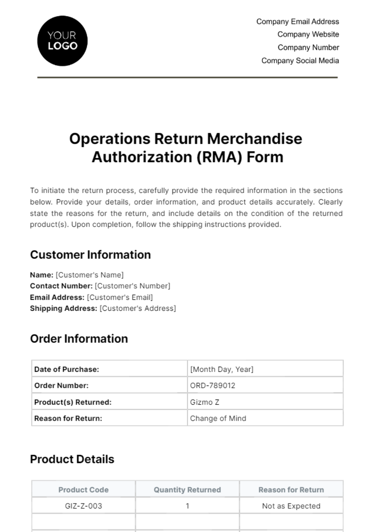 Free Operations Return Merchandise Authorization (RMA) Form Template