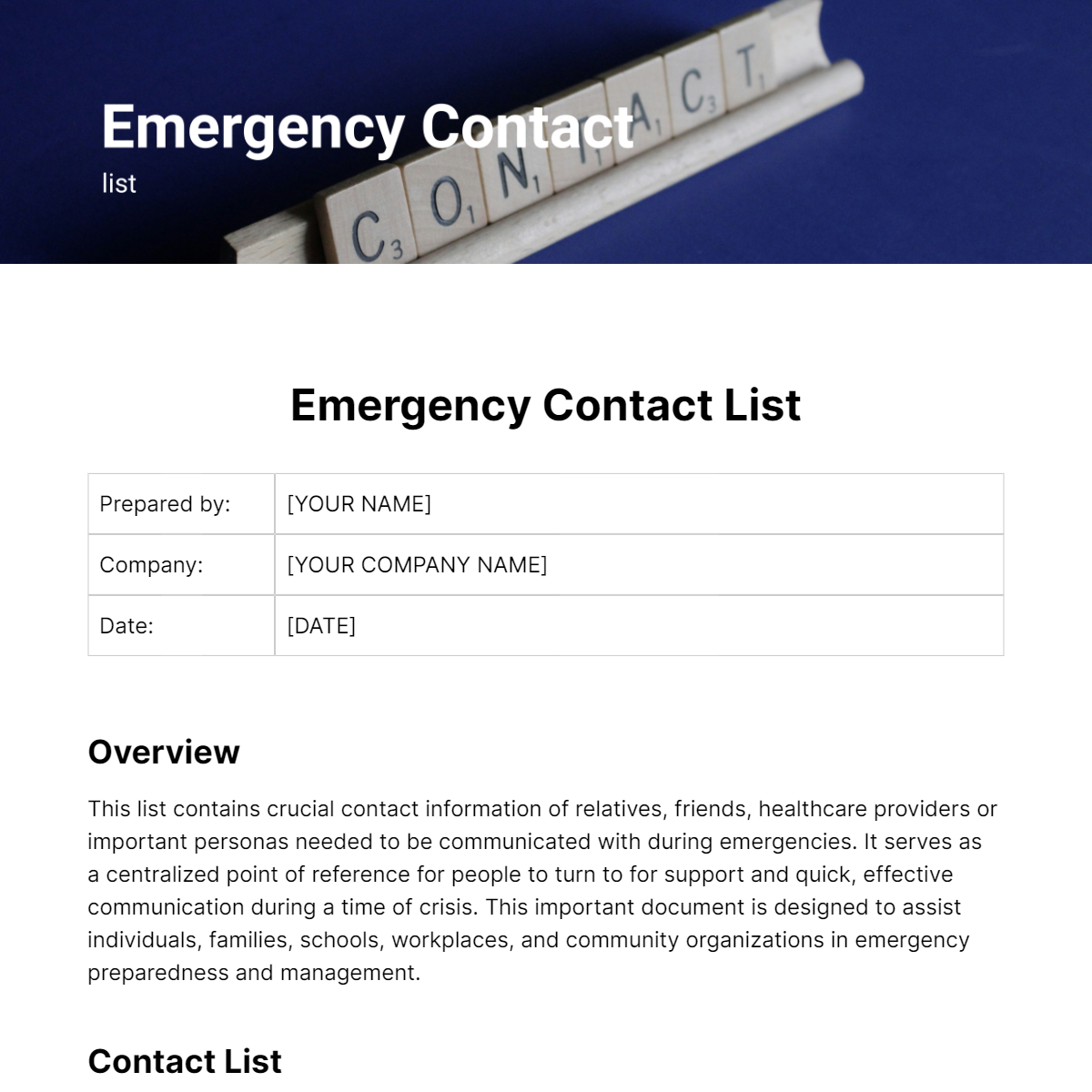 Emergency Contact list Template Edit Online Download Example