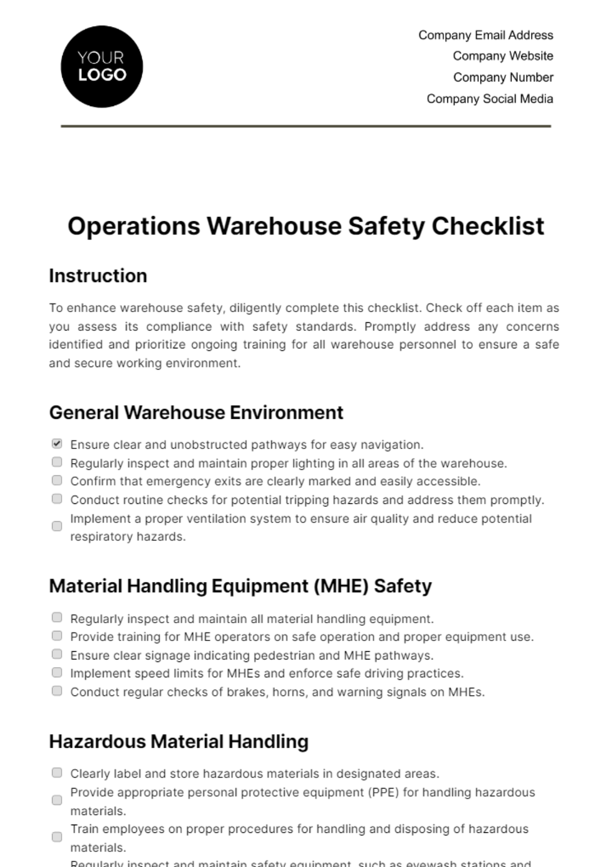 Free Operations Warehouse Safety Checklist Template