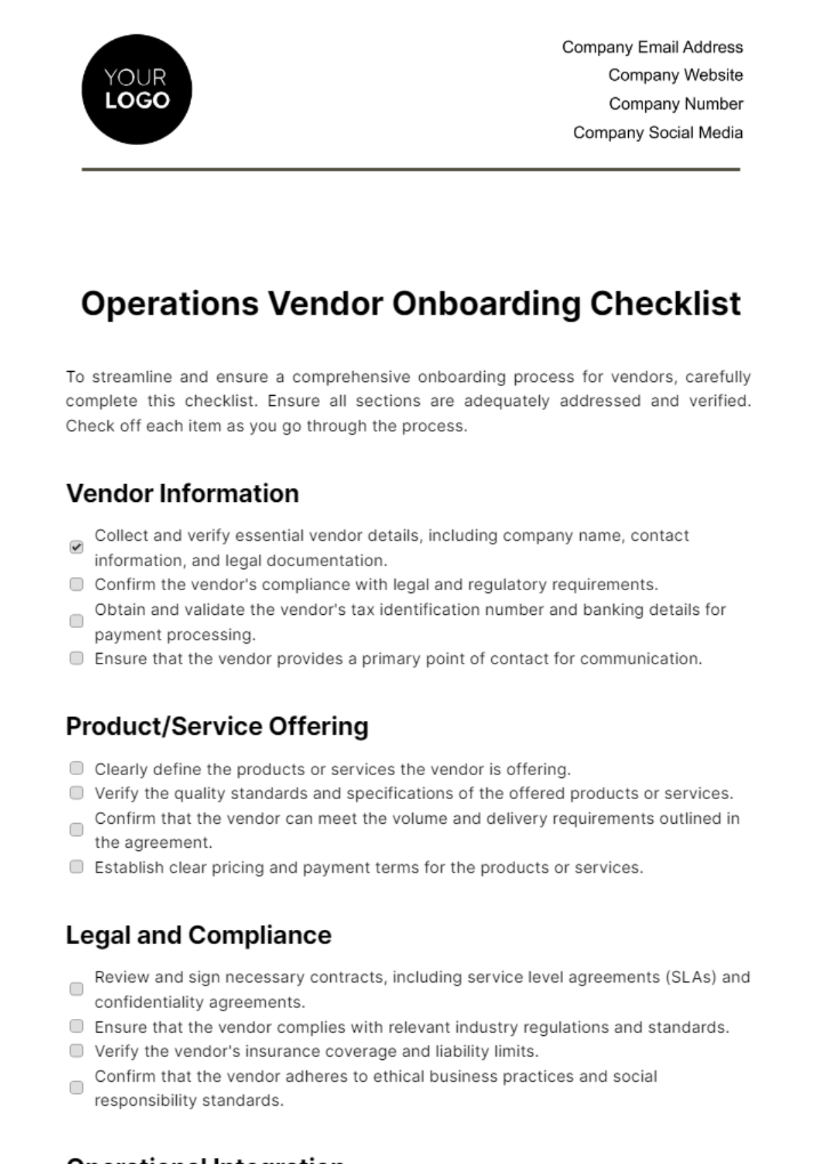 Free Operations Vendor Onboarding Checklist Template