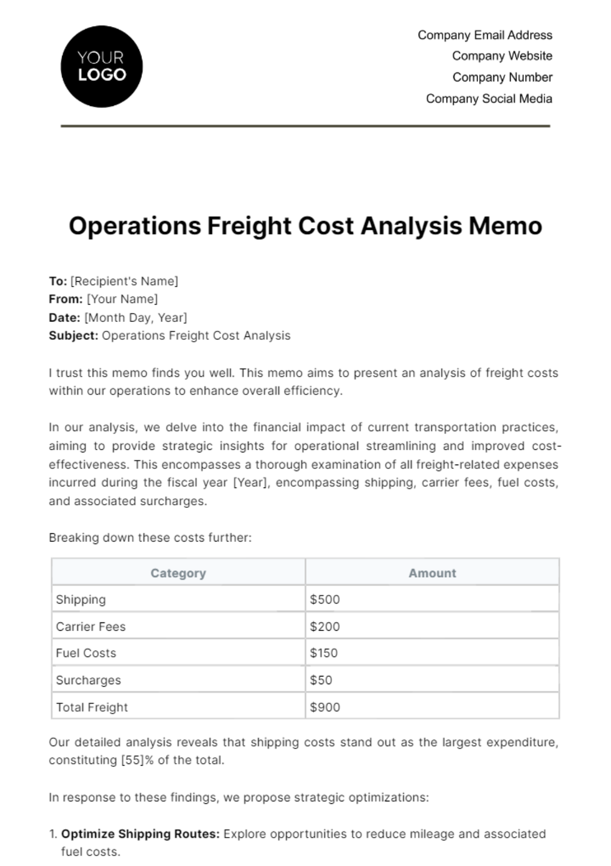 Free Operations Freight Cost Analysis Memo Template