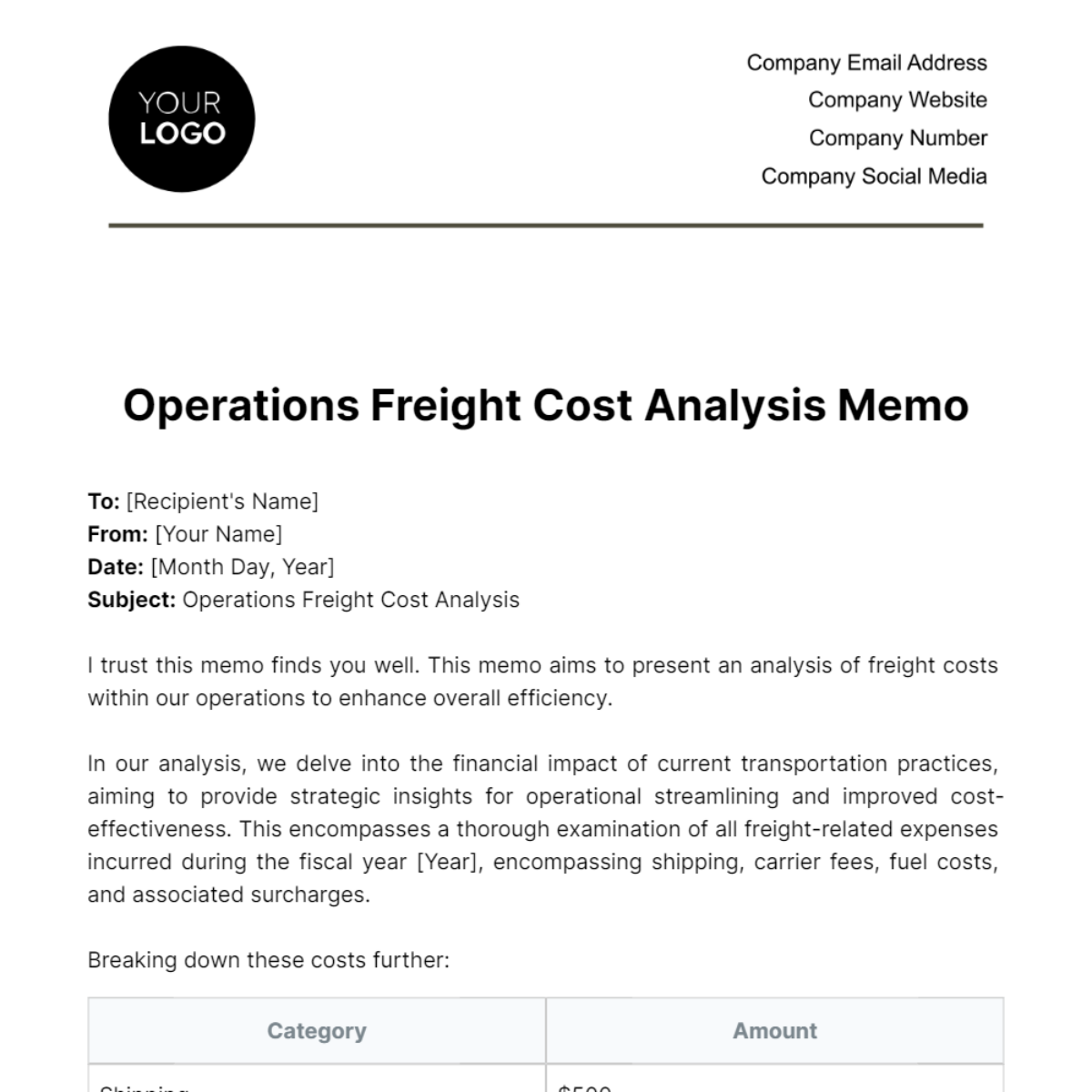 Operations Freight Cost Analysis Memo Template - Edit Online & Download