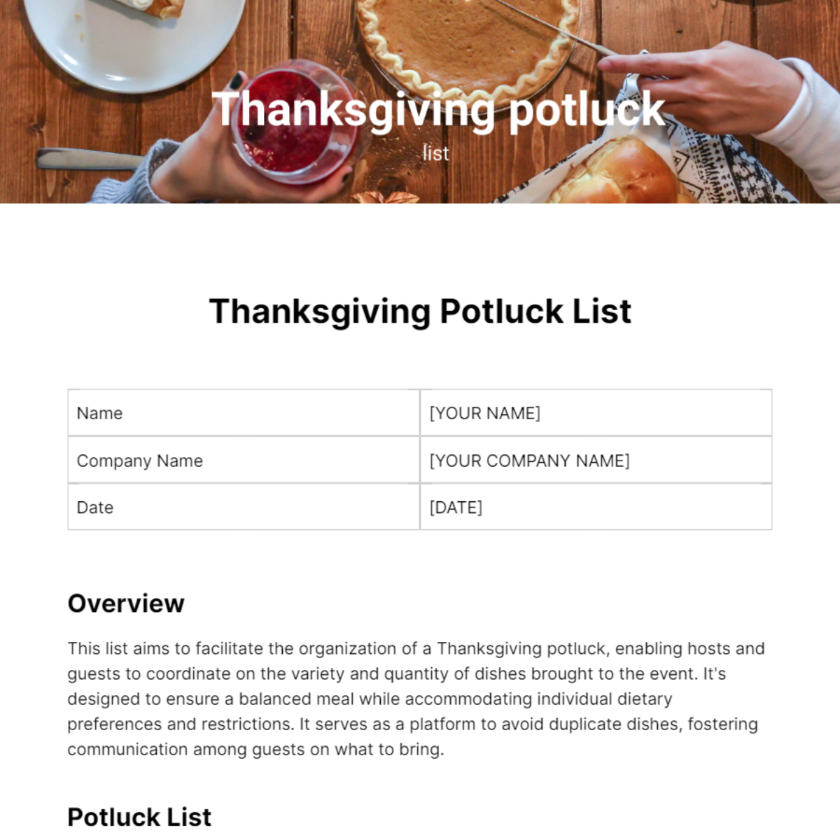 Thanksgiving potluck list Template - Edit Online & Download